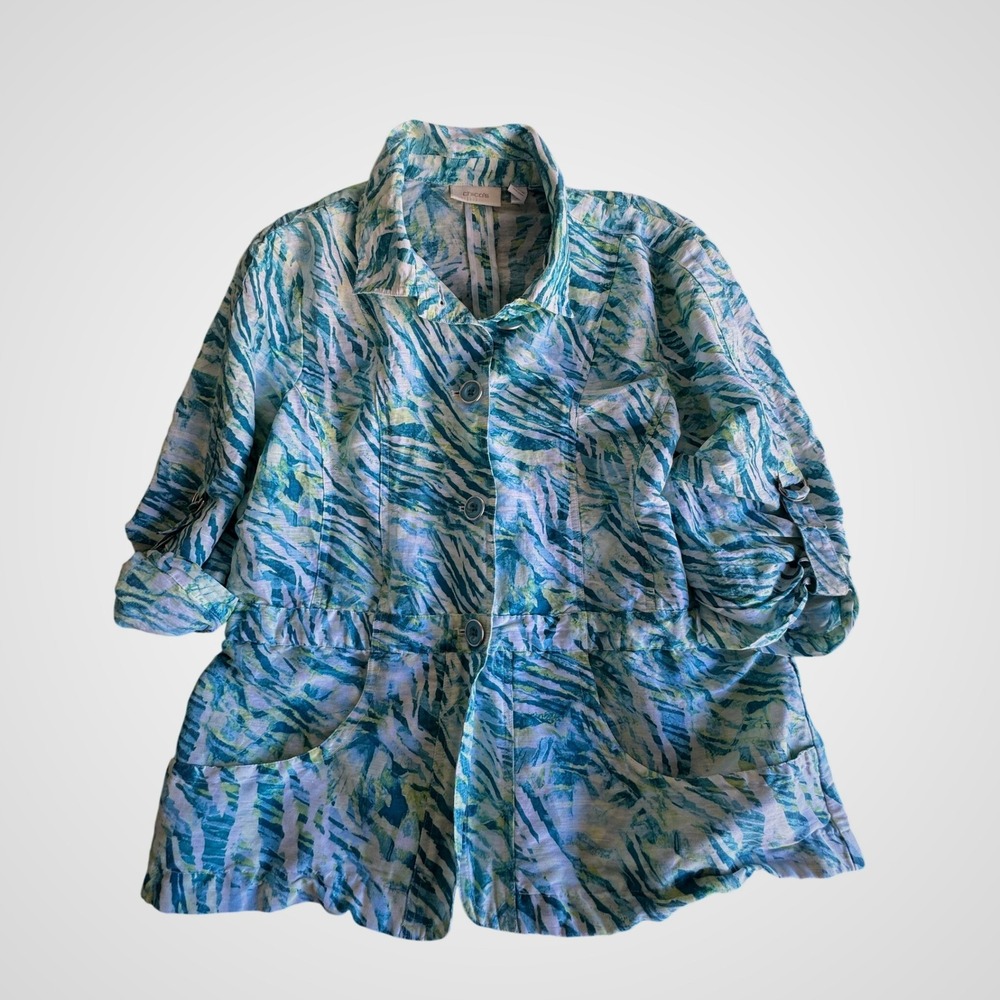 Chicos Linen Blend Abstract Zebra Print Utility Jacket Blue Green Size 2 L
